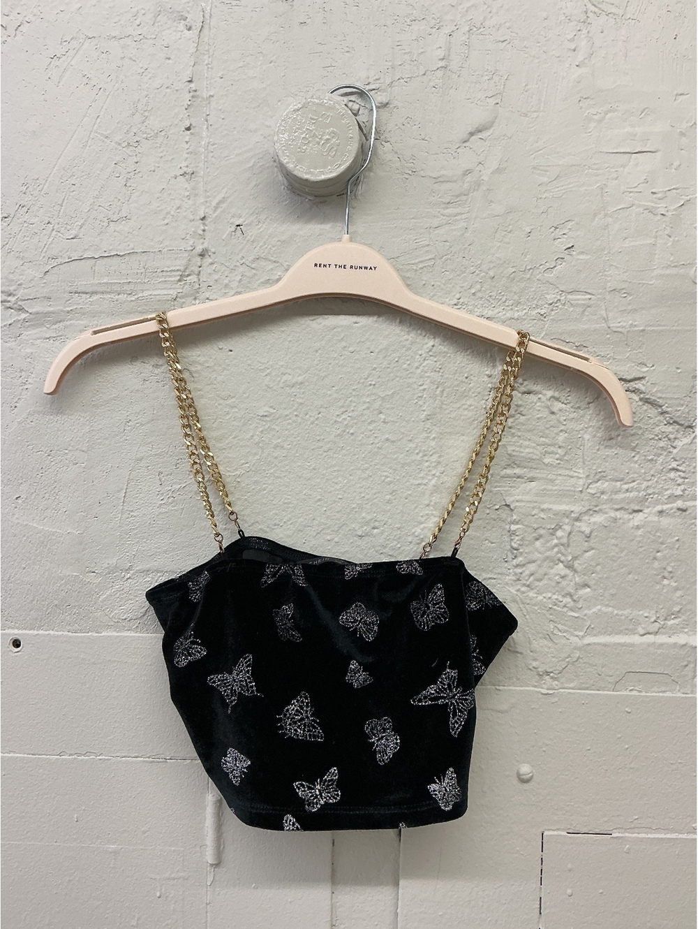 Black Velvet Butterfly Print Crop Top with Gold Chain Straps